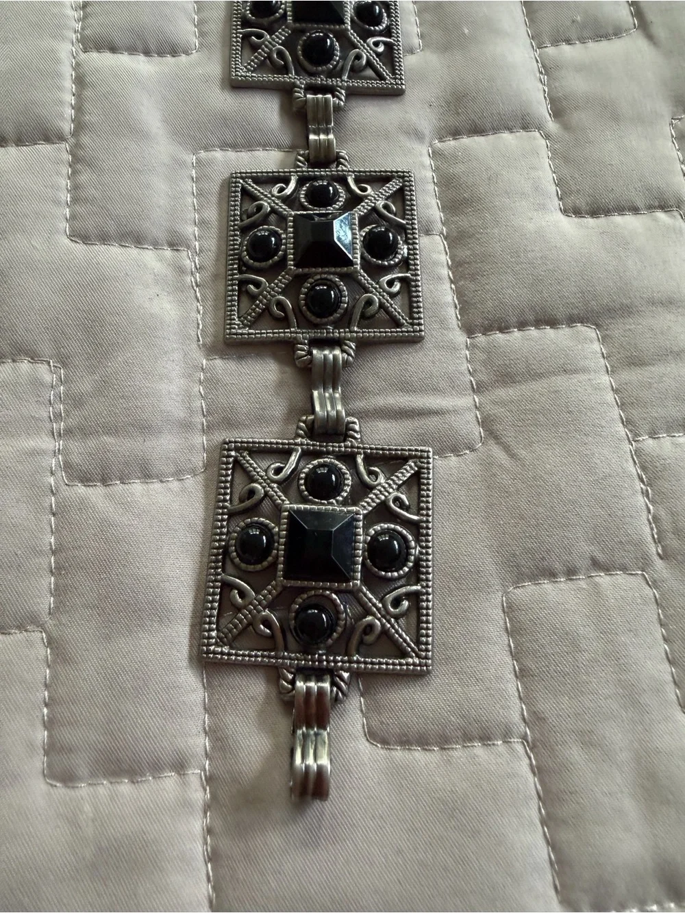 Vintage-Inspired Silver & Black Filigree Square Link Waist Belt